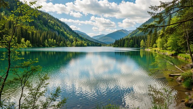 Scenic view of the emerald green lake surrounded by lush forest and mountains on a sunny day