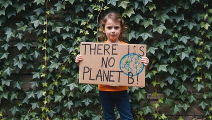 Little girl holding a sign that says there is no planet b, standing in front of a green wall
