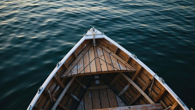 Bow of a small wooden boat sailing on the water, offering a serene and peaceful perspective