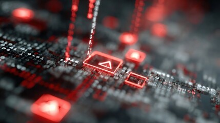 A digital design featuring interconnected patterns in red and black, resembling a technology-inspired interface with various geometric shapes.