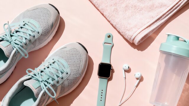 Modern Sport Accessories Set: Shoes, Smartwatch, and Water Bottle