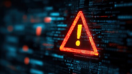 A digital warning symbol displayed against a backdrop of code, conveying a sense of alert and urgency in a tech environment.