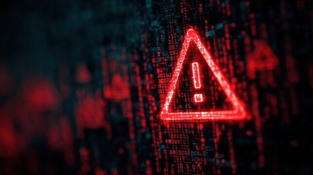 A digital display shows a red warning triangle with an exclamation mark, surrounded by binary code, suggesting a potential threat or alert in a tech environment. - Powered by Adobe