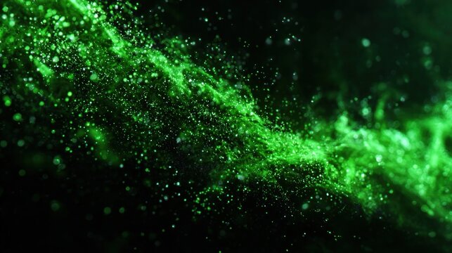 A vibrant display of green particles swirling through a dark background, creating an ethereal and dynamic visual effect. - Powered by Adobe