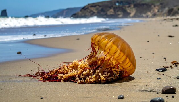 A large, beached sea creature rests on a sandy shore, waves gently crashing in the background under a bright sky