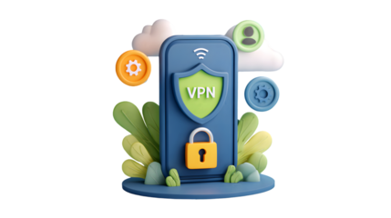 3D VPN Shield Mobile Security Illustration with Lock and Settings Icons on Cloud Background
