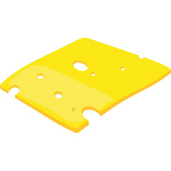 A slice of yellow cheese with irregular holes and torn edges on a transparent background featuring a warm golden hue and sharp outlines