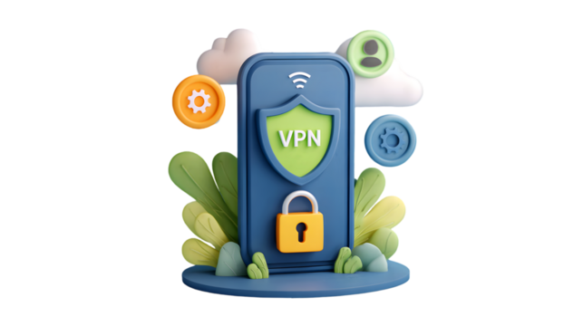 3D VPN Shield Mobile Security Illustration with Lock and Settings Icons on Cloud Background