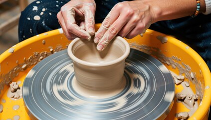 Close up of potters hands shaping clay on a spinning wheel in a pottery studio workshop