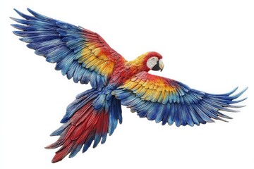 Obraz premium A vibrant, colorful parrot with striking feathers, soaring gracefully through the air, showcasing its majestic wingspan.