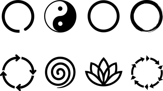 Minimalist zen symbols set: yin yang, lotus, spiral, circular designs for meditation and balance