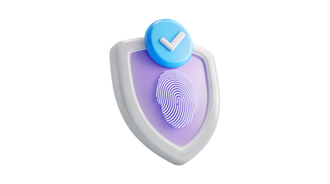 3D Fingerprint Shield with Blue Check Mark Icon Representing Secure Digital Verification Concept