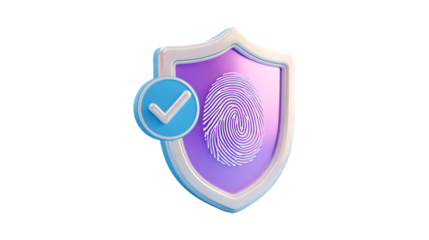 3D Fingerprint Shield Icon with Blue Check Mark for Data Protection and Privacy Verification