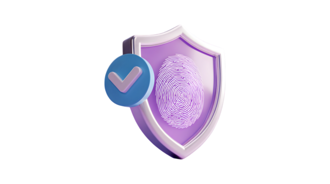 3D Fingerprint Security Shield Icon with Blue Check Mark Representing Safe Identity Access