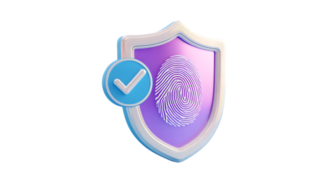 3D Fingerprint Shield Icon with Blue Check Mark for Data Protection and Privacy Verification