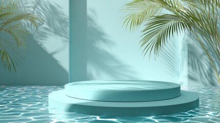 Obraz premium A serene aqua setting featuring a circular platform amidst a tranquil pool, accented by lush palm leaves and soothing shadows.