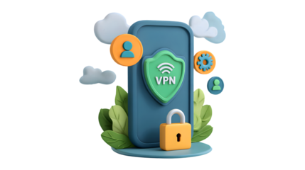 3D VPN Shield Mobile Security Icon with Cloud and Lock for Online Privacy Protection