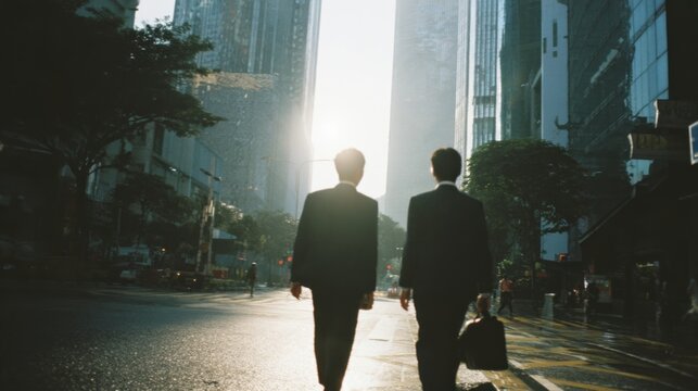 Two businessmen walk towards the sun amidst towering skyscrapers, capturing the essence of urban life and professional ambition.