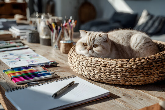 overhead scene of a creative desk with a Scottish Fold cat in a woven basket. petfriendly remote work environment.