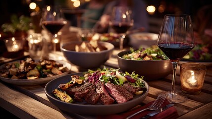 A beautifully arranged dinner table featuring various dishes, including steak, vegetables, and wine, creating a warm, inviting atmosphere for a gathering.