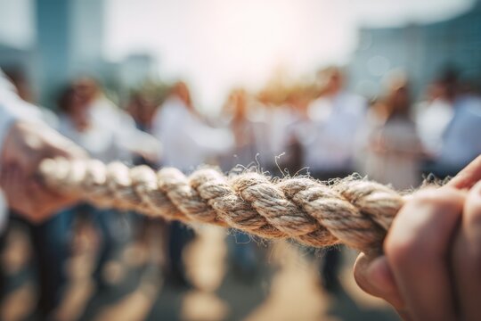 Group of diverse individuals participating in a tug-of-war competition, showcasing teamwork and camaraderie in a lively outdoor setting with blurred background - Powered by Adobe