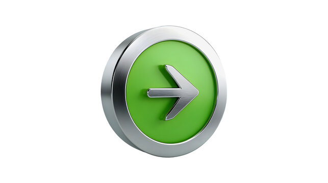 3D Green Arrow Metal Button Icon Representing Go Forward Navigation and Success Direction Concept