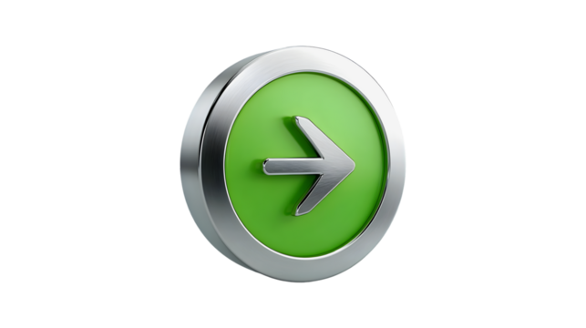 3D Green Arrow Metal Button Icon Representing Go Forward Navigation and Success Direction Concept