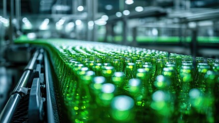Green glass bottles on a conveyor belt in a factory
