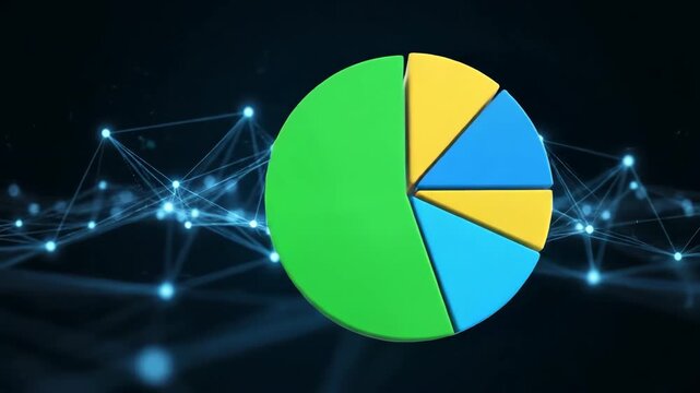 Animated 3 d pie chart graphic with interconnected network background