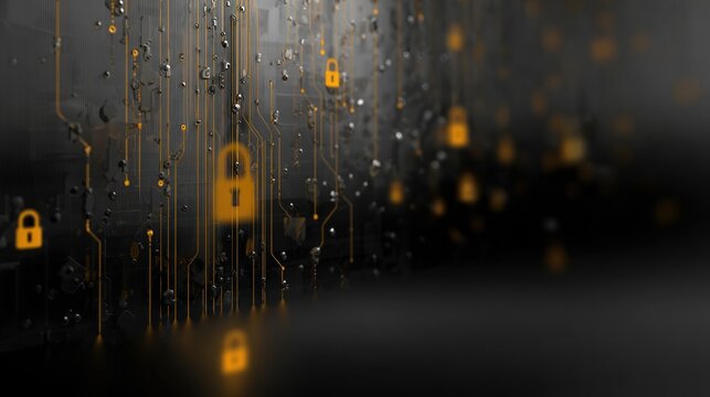 A digital abstract background featuring glowing locks and circuit patterns, symbolizing cybersecurity and data protection.