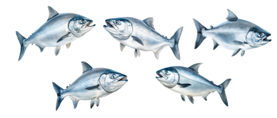 Set of Raw salmon fish with detailed fins and scales, isolated on white transparent background, concept of marine life