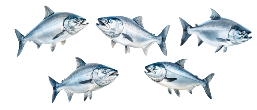 Set of Raw salmon fish with detailed fins and scales, isolated on white transparent background, concept of marine life