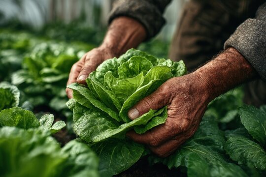 Hands of an experienced farmer gently harvesting fresh green lettuce from a thriving garden, showcasing the beauty of organic farming and sustainable agriculture practices