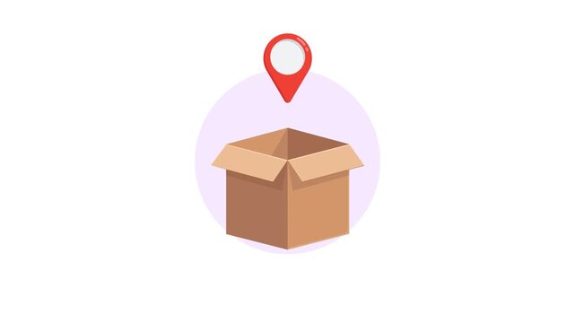 4K animation of an open cardboard box with a red location pin inside, depicting the concept of shipping, delivery, mapping and tracking packages.