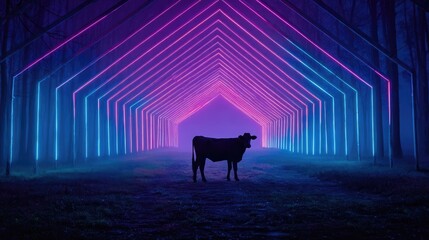 Country music festival live with cowboys in barn concept. A cow standing under vibrant neon lights in a mystical setting.