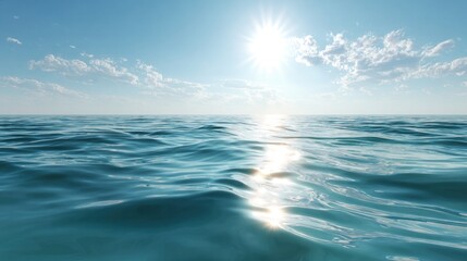 A serene ocean view under a bright sun, featuring gently rippling water and a clear blue sky with scattered clouds.