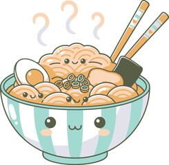 Kawaii Ramen Bowl Vector Icon - Cute Noodle Soup Character with Chopsticks
