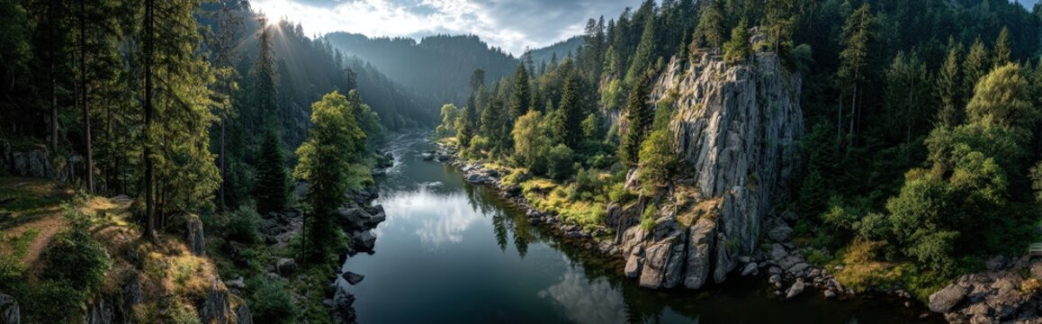 Serene landscape featuring a tranquil river flowing through lush green forests, surrounded by majestic rocky cliffs under a bright blue sky, capturing the essence of nature's beauty - Powered by Adobe