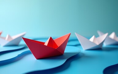 Success leadership concept, Origami red paper boat floating in front of white paper boats on winding blue river, Paper art design banner background. High quality