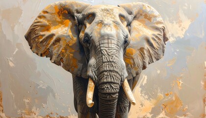 A majestic close-up of an African elephant facing the viewer, showcasing its wrinkled skin and massive tusks, set against an abstract backdrop