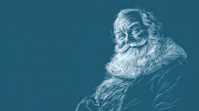A stylized illustration of a bearded man with a warm expression, set against a deep blue background, evoking a sense of warmth and nostalgia.