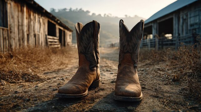 Country music festival featuring boots and ranch stables concept. Stylish cowboy boots showcased in a rustic outdoor setting.