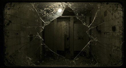 A shattered glass reveals an eerie, abandoned interior under a dim light, horror style