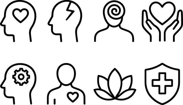 Mental and physical health icons: wellness, mindfulness, and self-care concepts