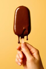 A hand holding a chocolate ice cream stick with chocolate dripping off of it