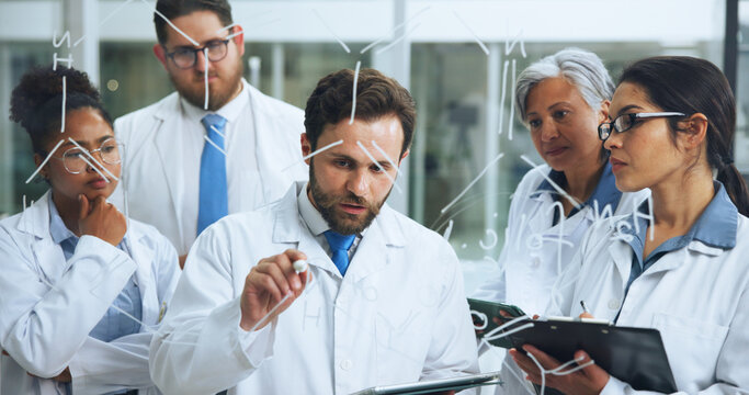 Glass wall, medical research and man with tablet, science and DNA experiment with digital report. Person, employees or scientist in lab, solution or brainstorming equation with sample analysis or app - Powered by Adobe