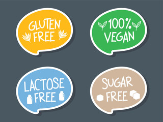 Vegan, sugar free, gluten free, lactose free, product packaging labels set