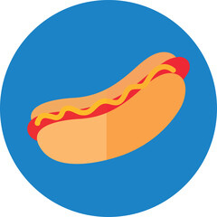 A stylized illustration of a hot dog with mustard inside a blue circle on a transparent background