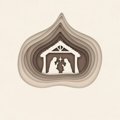 Christmas nativity scene with silhouette of man and woman in stable with star above in paper cut style for Merry Christmas greeting card