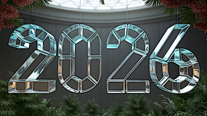 Futuristic Glass and Ice Hanging Numbers 2026 on a Dark Background